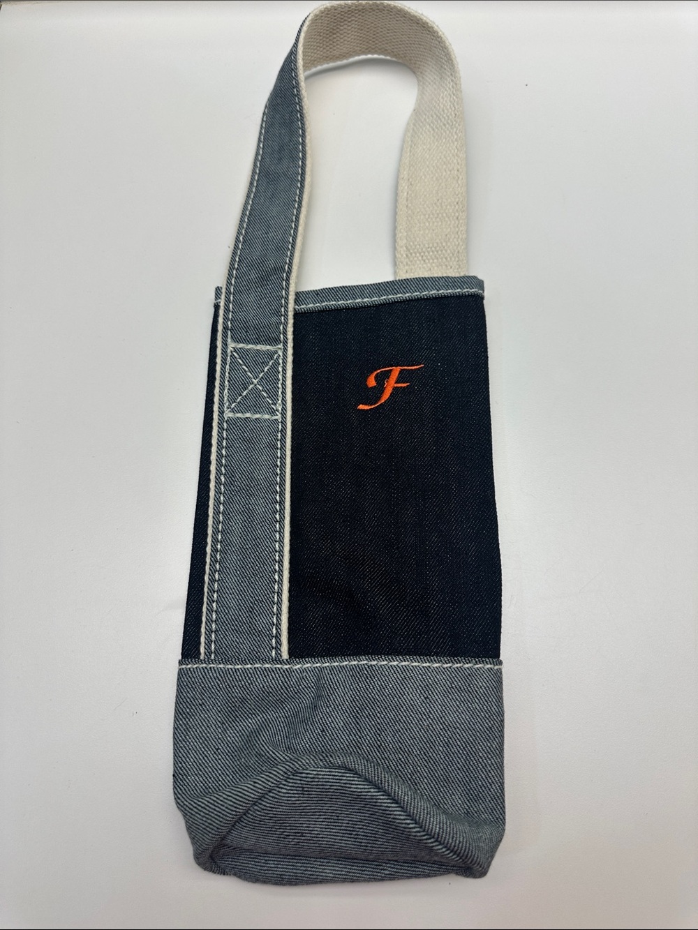 Lands End Denim Bottle Tote with Orange 'F' Monogram
